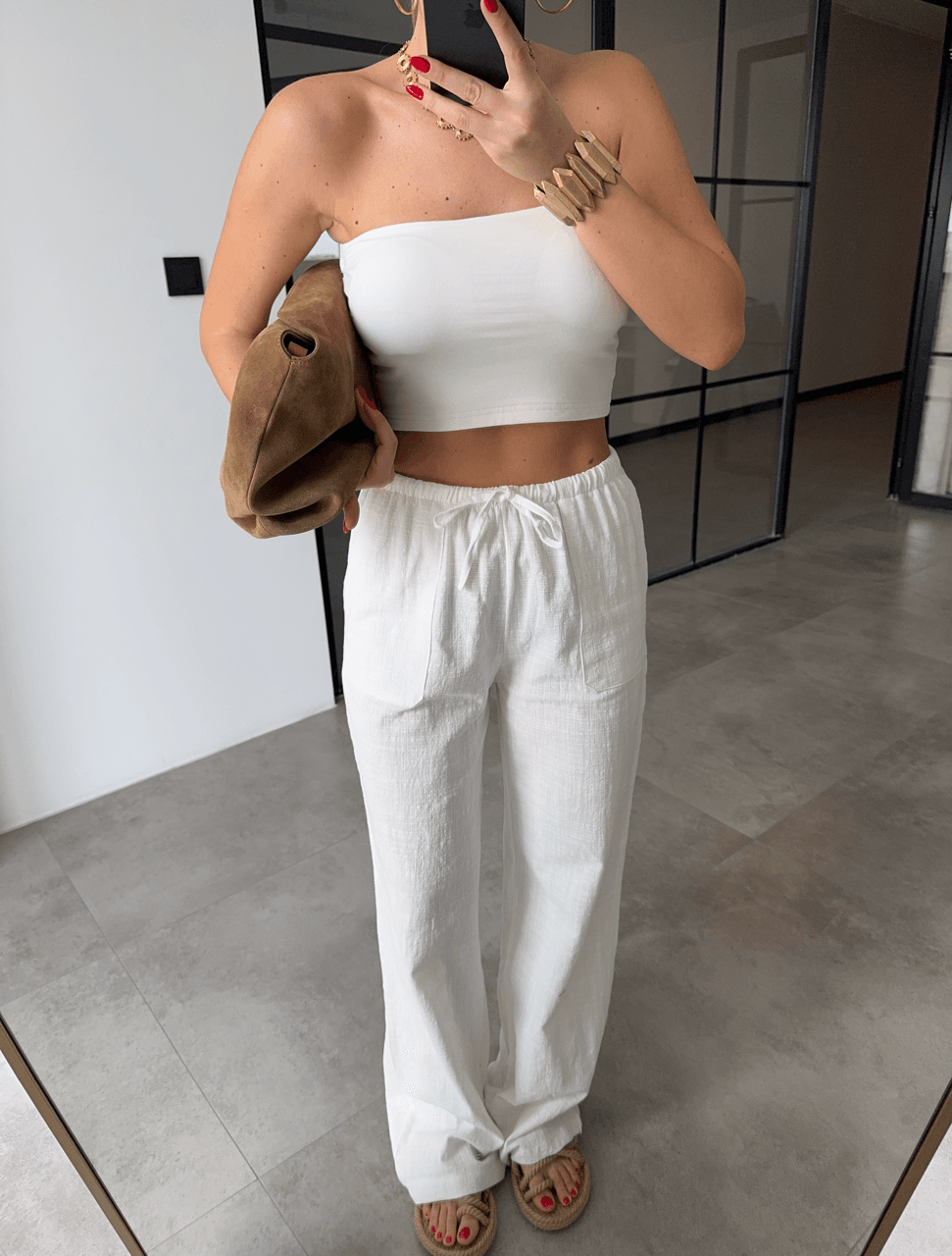 CEPLİ EKRU KETEN PANTOLON