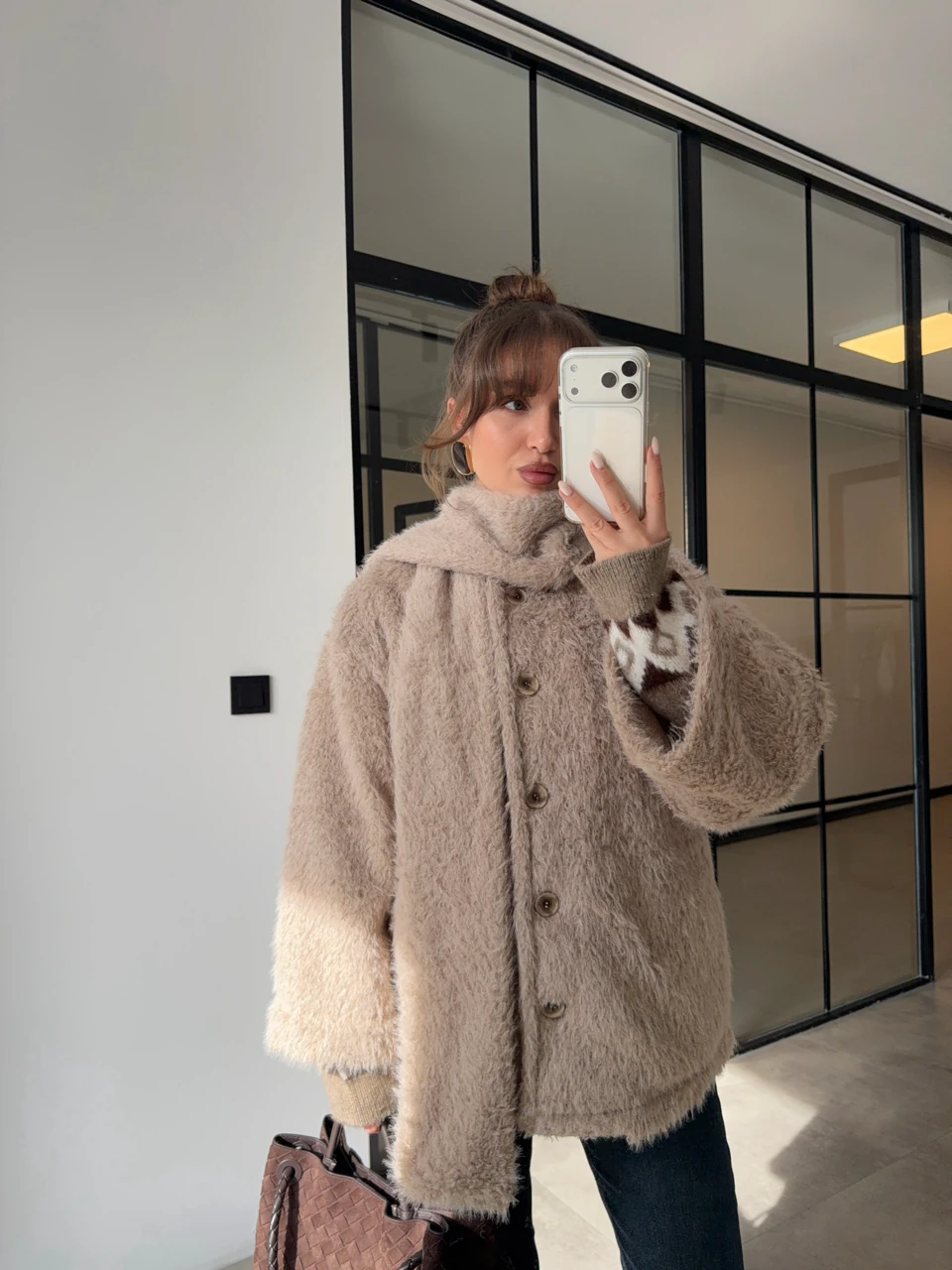 FULARLI PELUŞ KISA KABAN - Taş