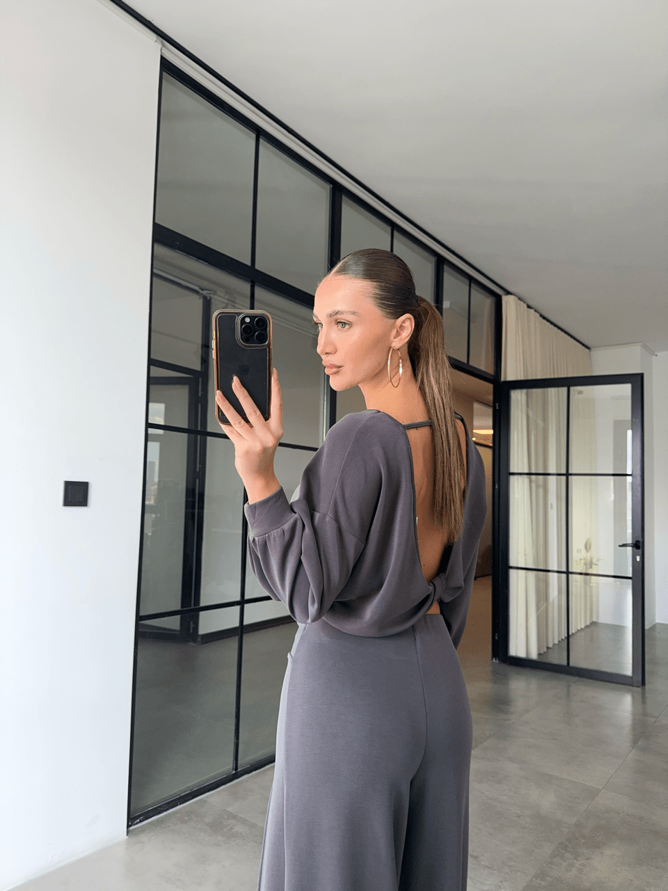 SIRT DEKOLTELİ SWEAT DÜĞÜMLÜ PANTOLON ANTRASİT MODAL TAKIM