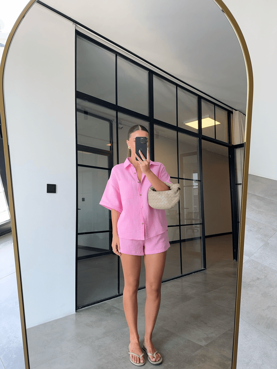 KISA KOL GÖMLEK ŞORT PEMBE MÜSLİN TAKIM