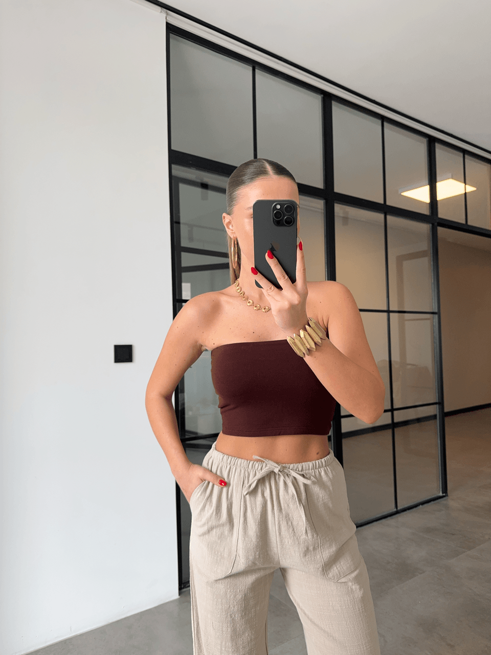 CEPLİ BEJ KETEN PANTOLON