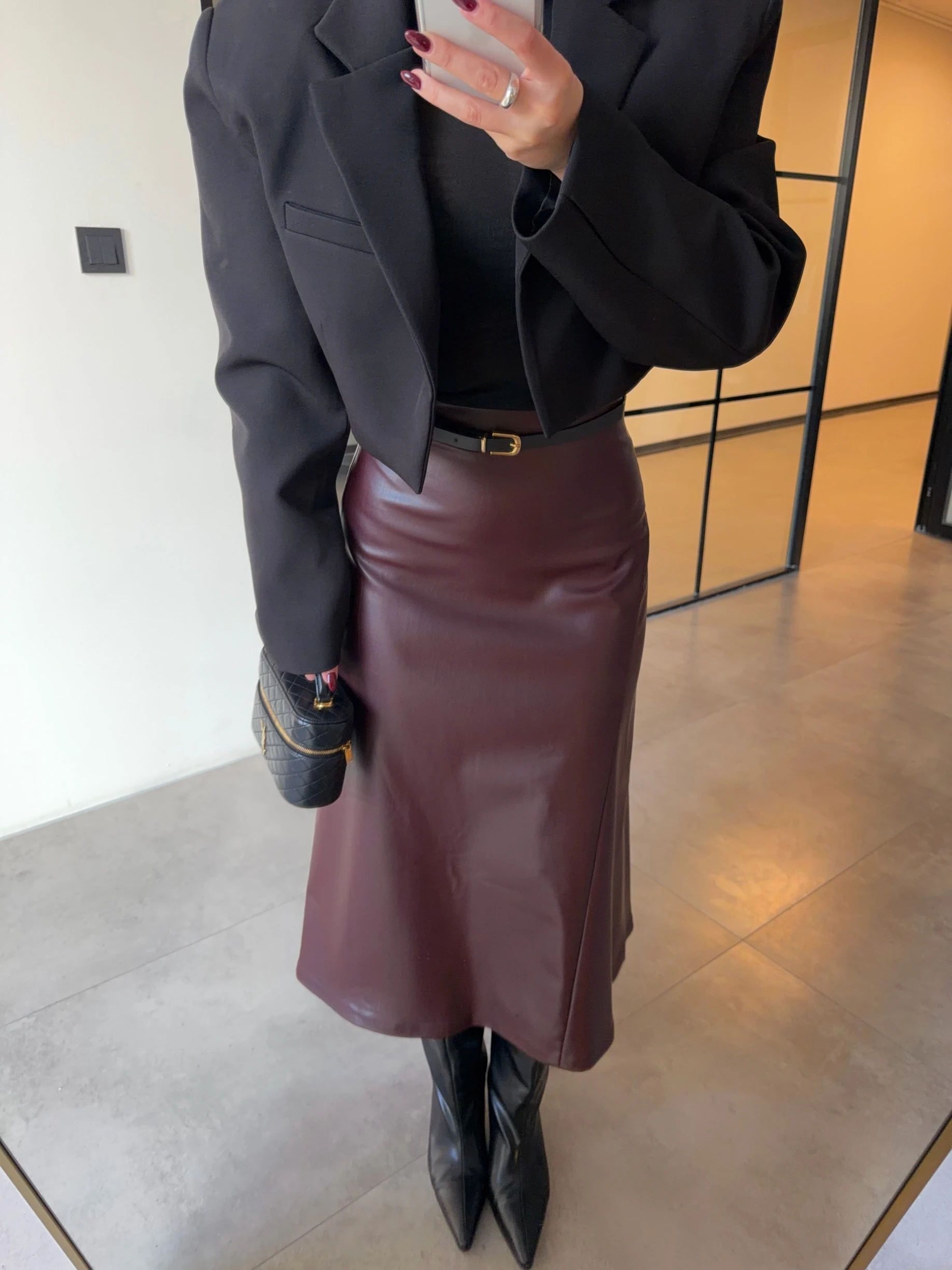 KEMERLİ MAXİ BORDO DERİ ETEK