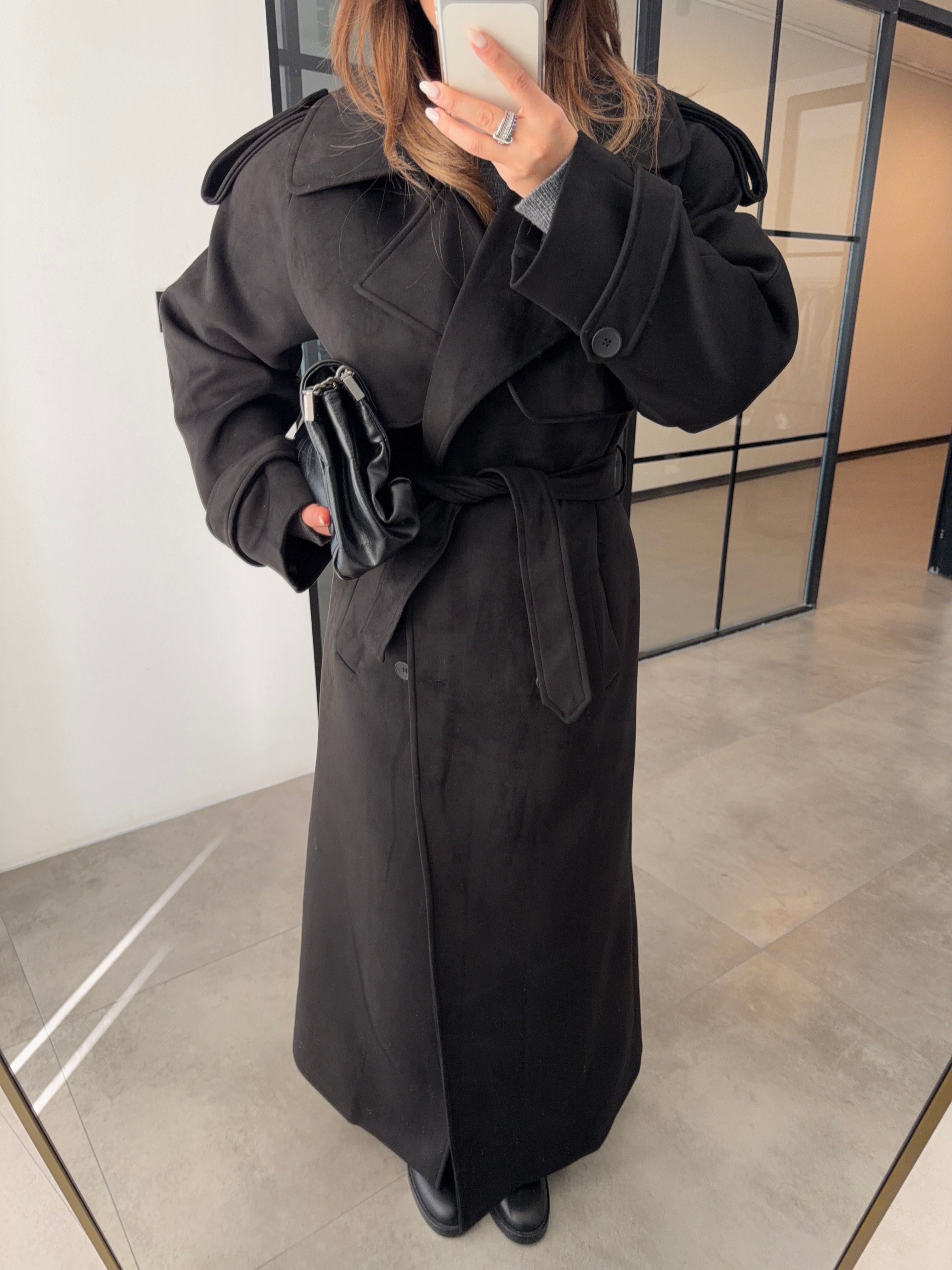 PREMİUM VATKALI SİYAH SÜET TRENÇKOT