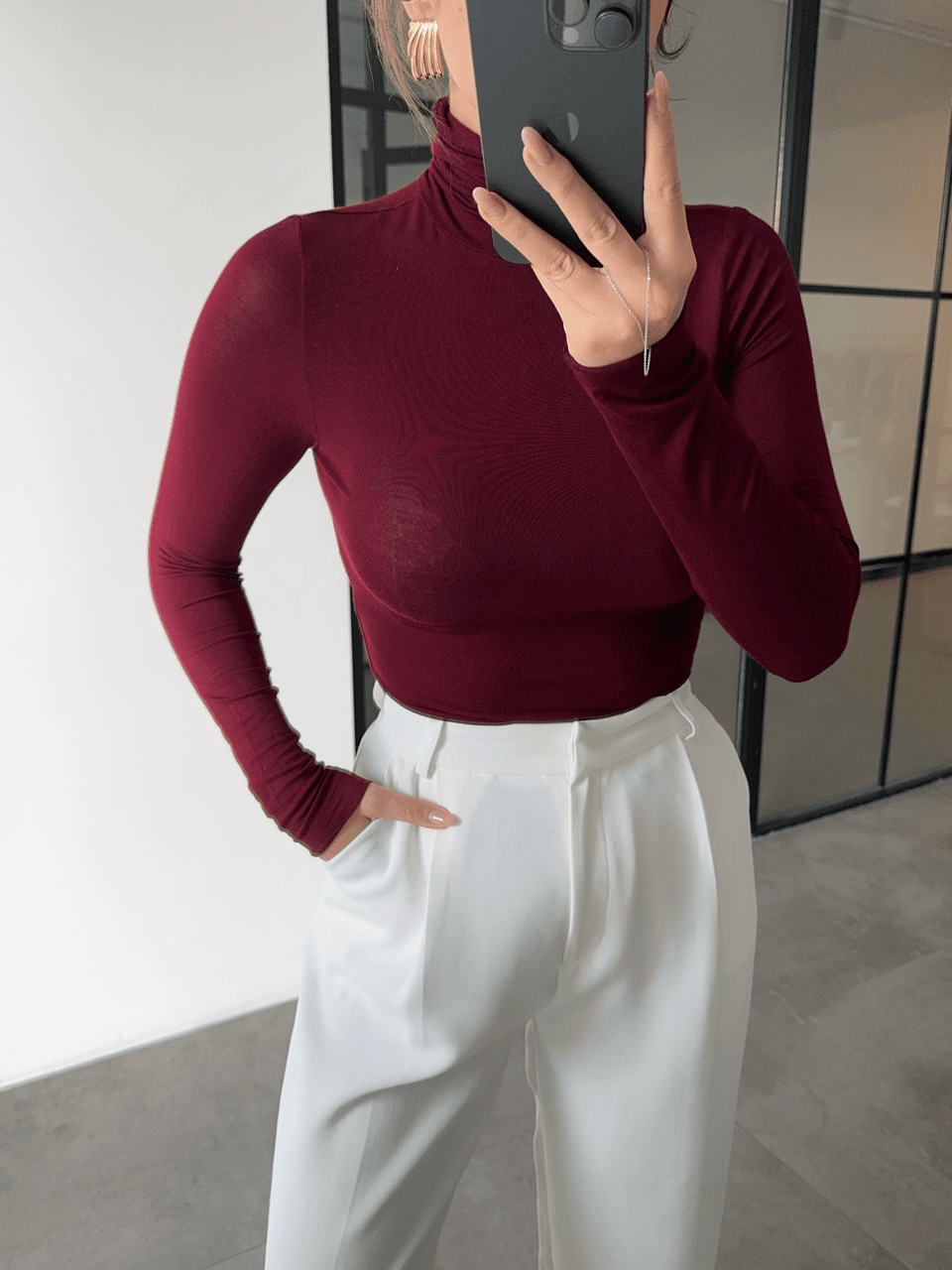DİK YAKA BORDO TRANSPARAN BLUZ