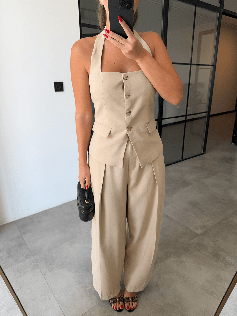 BOL KESİM PANTOLON YELEK CAMEL TAKIM
