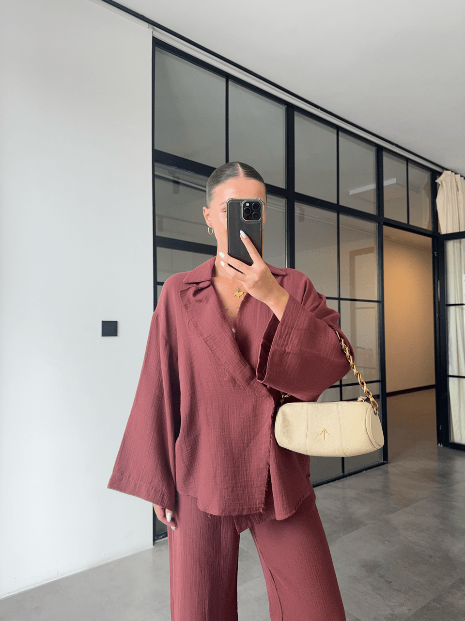 KİMONO PANTOLON BORDO MÜSLİN TAKIM