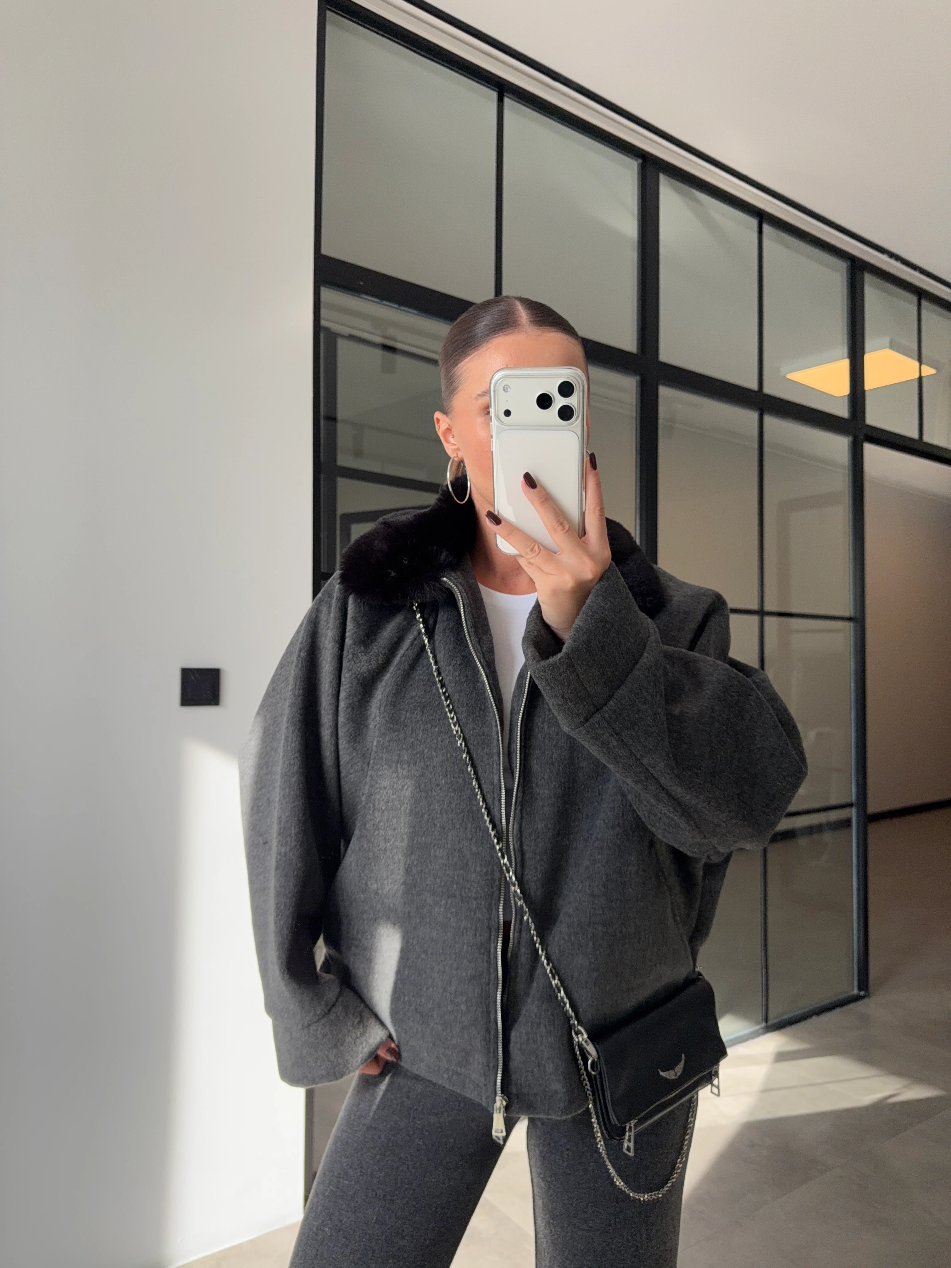 YAKASI KÜRKLÜ KAŞE CEKET - Antrasit