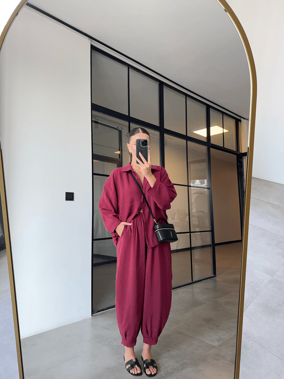 TENCEL KUMAŞ BORDO PANTOLON GÖMLEK TAKIM
