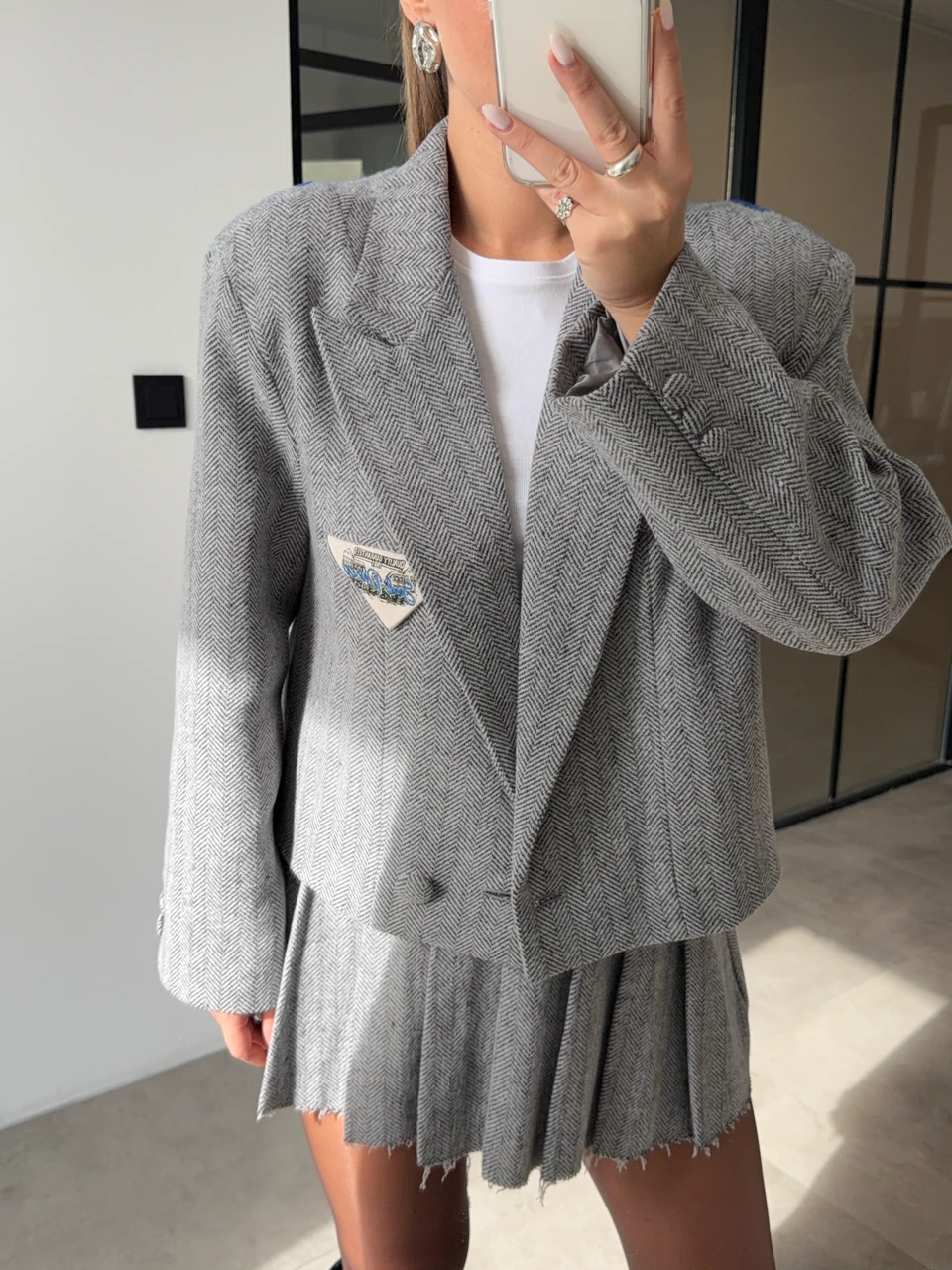 ARKASI TRİKO DETAYLI GRİ KIRÇILLI KAŞE CEKET