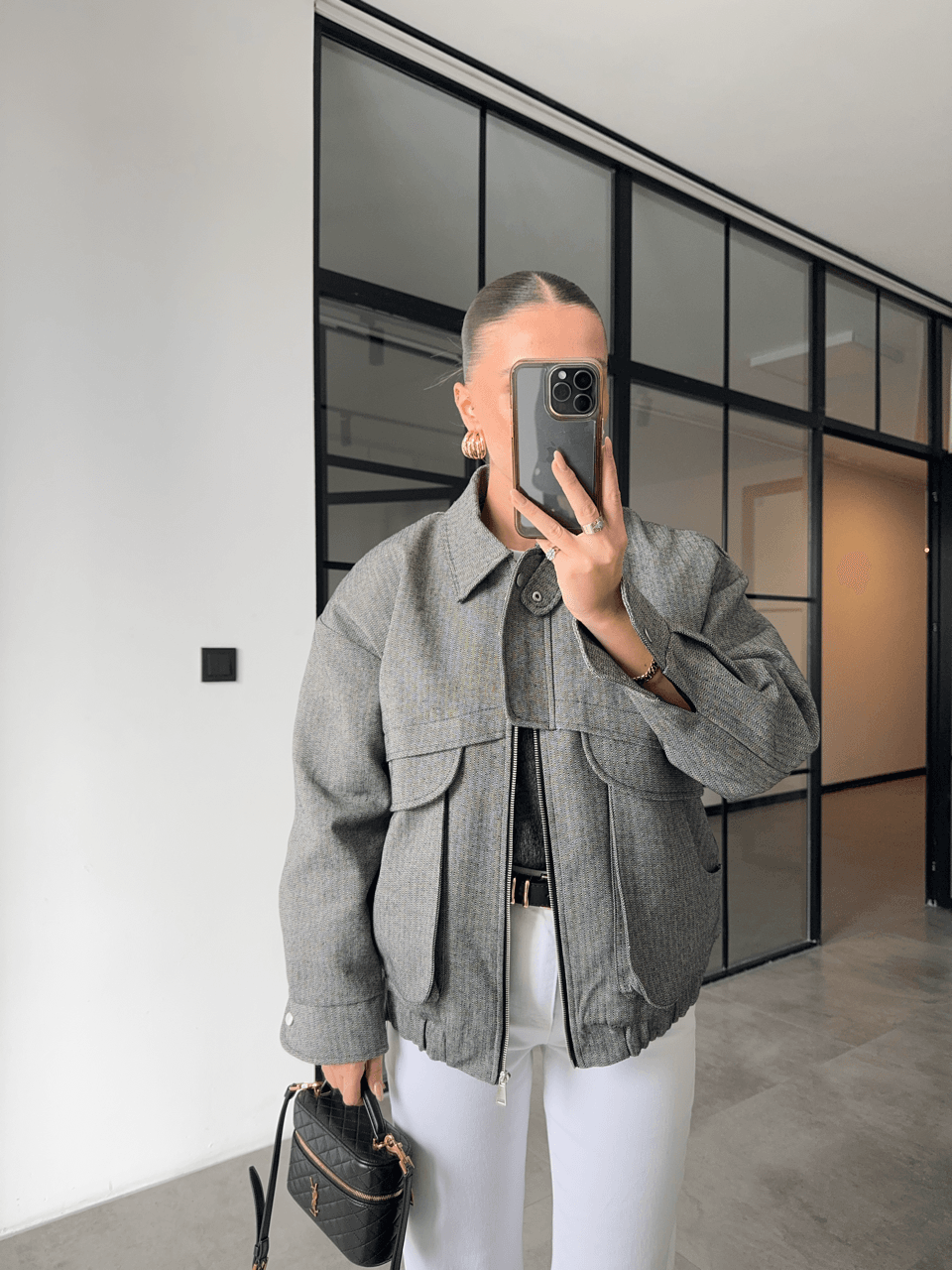 GENİŞ CEPLİ OVERSİZE GRİ KIRÇILLI BOMBER CEKET
