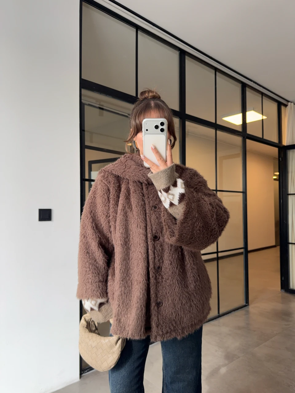 FULARLI PELUŞ KISA KABAN - Kahverengi