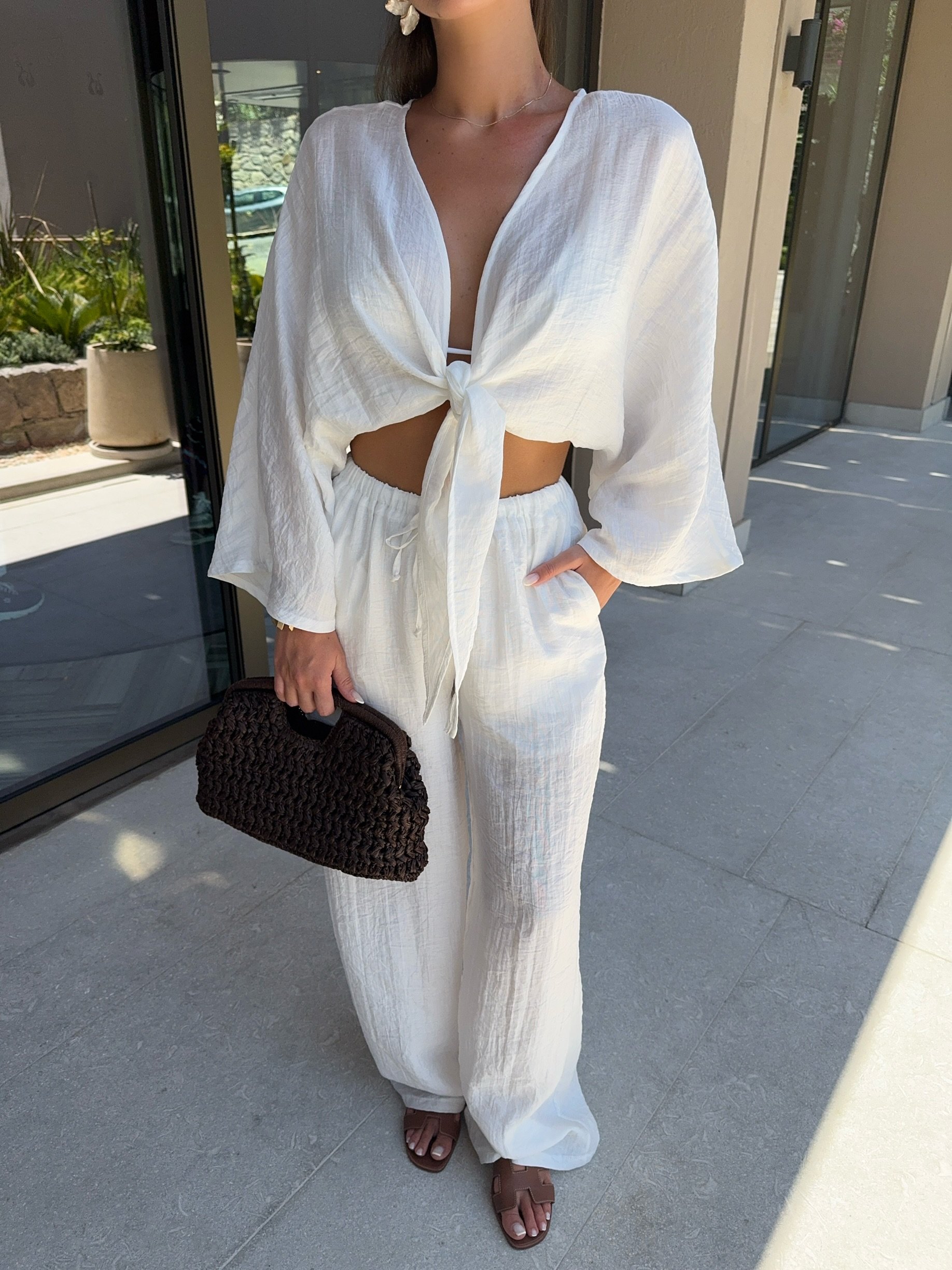 BAĞLAMALI CROP BLUZ PANTOLON EKRU GOFRE TAKIM
