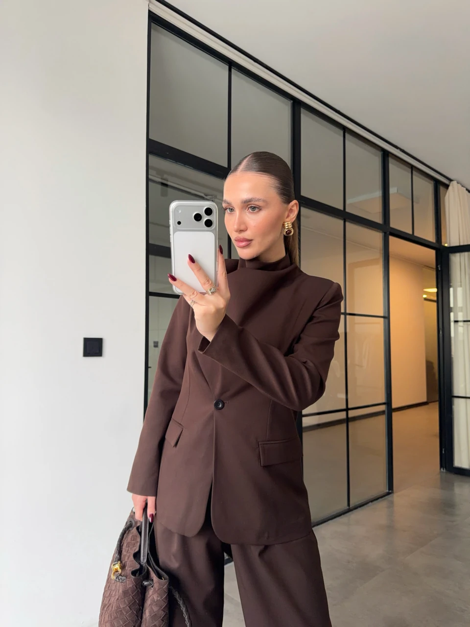 ŞAL DETAYLI CEKET PANTOLON KAHVERENGİ TAKIM