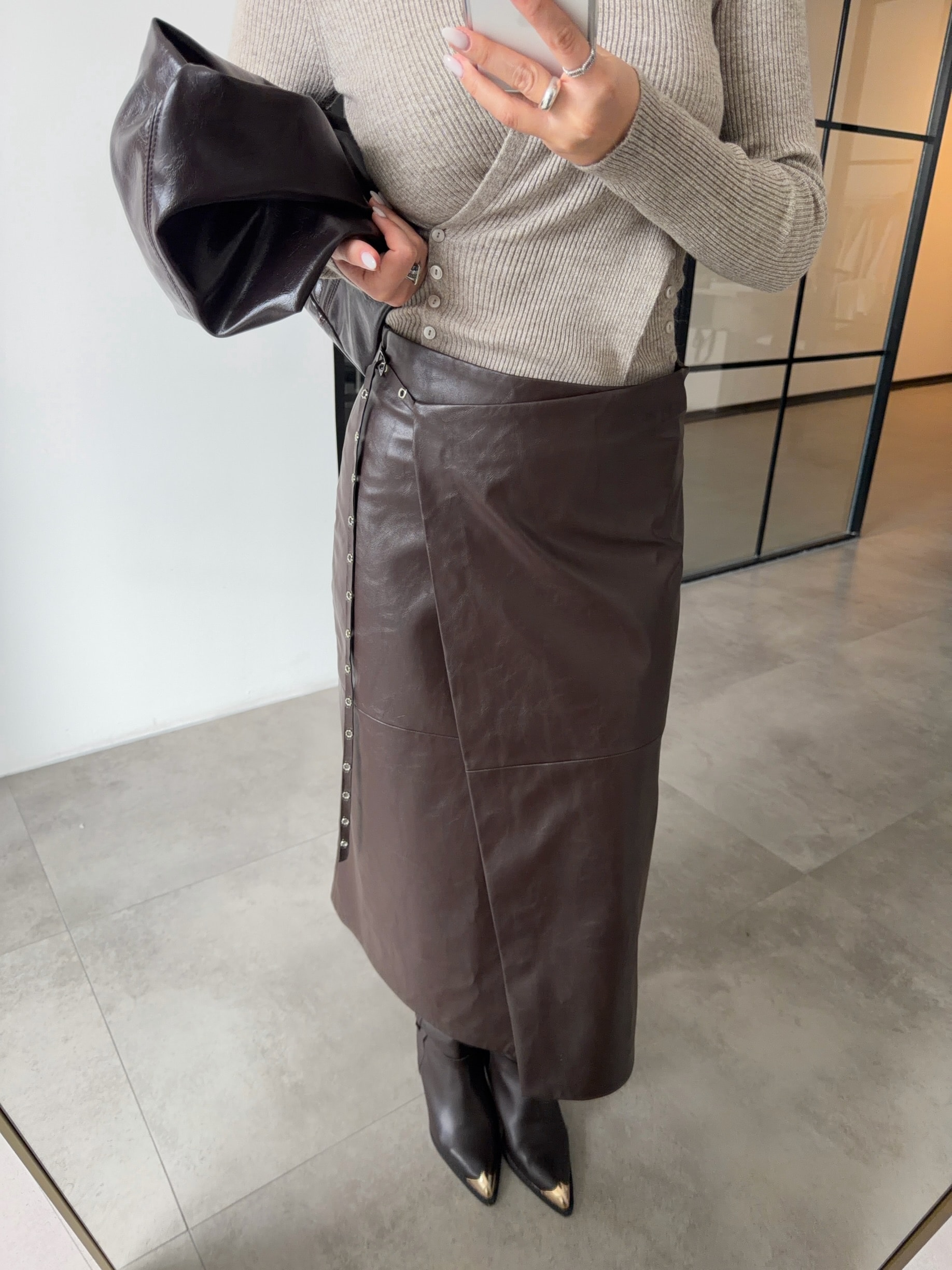 ACI KAHVE MAXİ DERİ ETEK