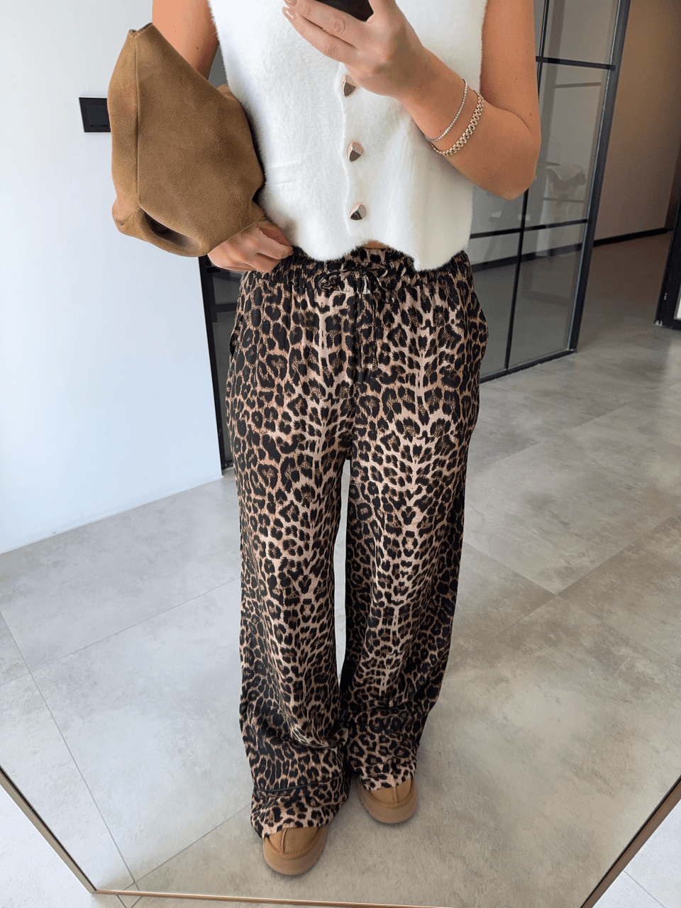 DUBLE PAÇA BELİ LASTİKLİ LEOPAR PANTOLON 