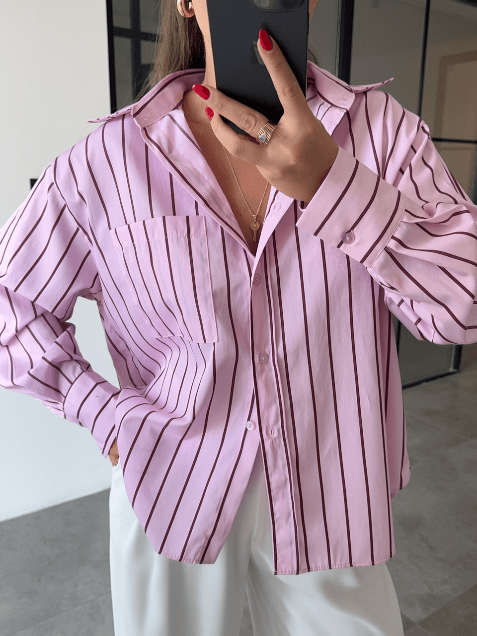 BORDO ÇİZGİLİ PEMBE POPLİN GÖMLEK