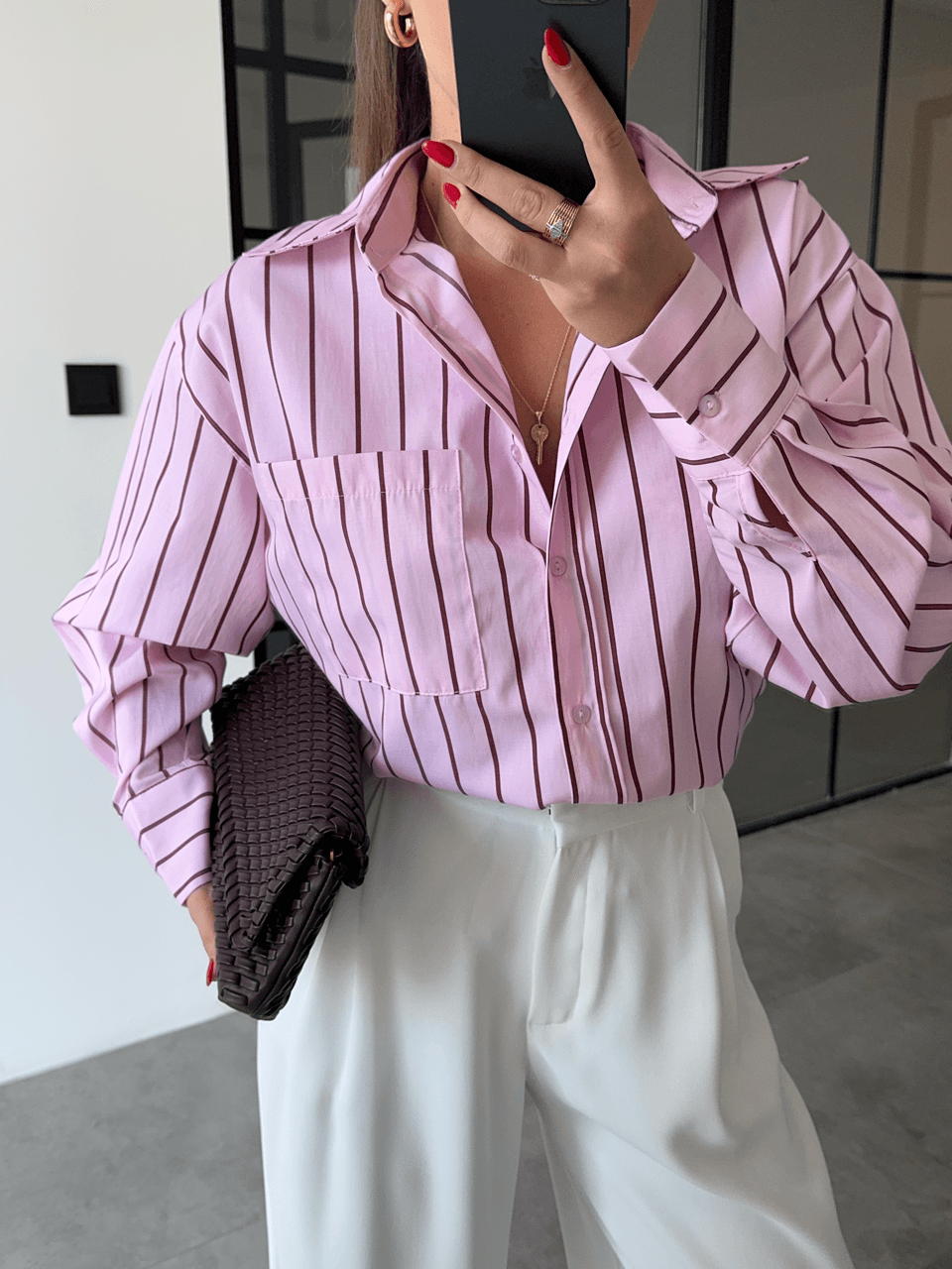 BORDO ÇİZGİLİ PEMBE POPLİN GÖMLEK