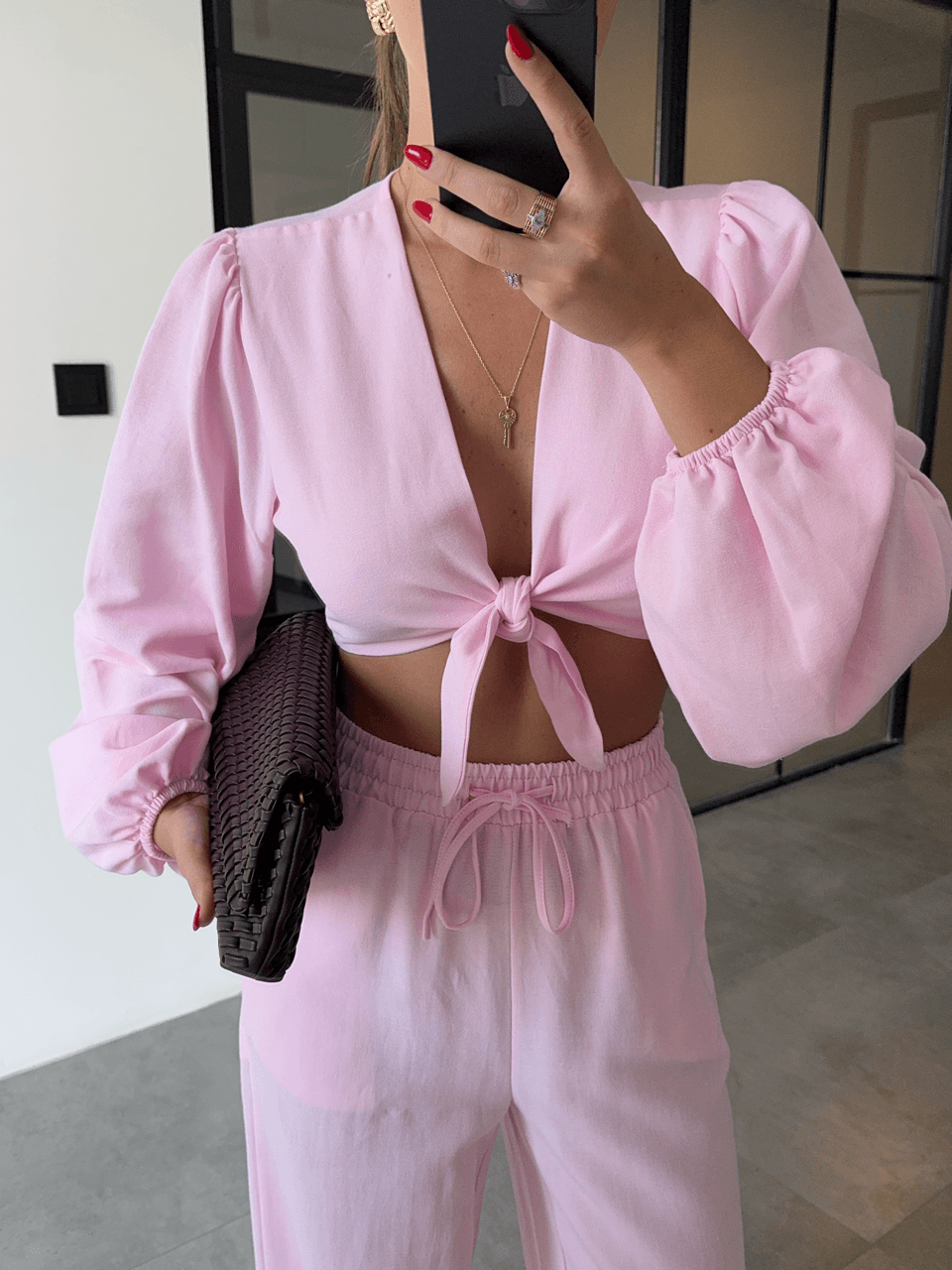 BAĞLAMALI CROP BLUZ PANTOLON PEMBE KETEN TAKIM
