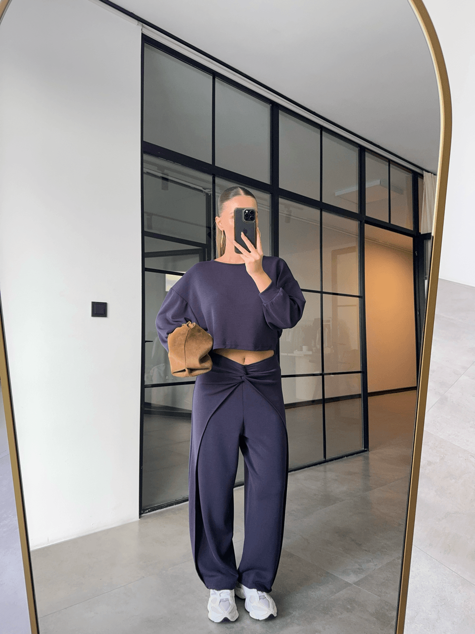 SIRT DEKOLTELİ SWEAT DÜĞÜMLÜ PANTOLON LACİVERT MODAL TAKIM