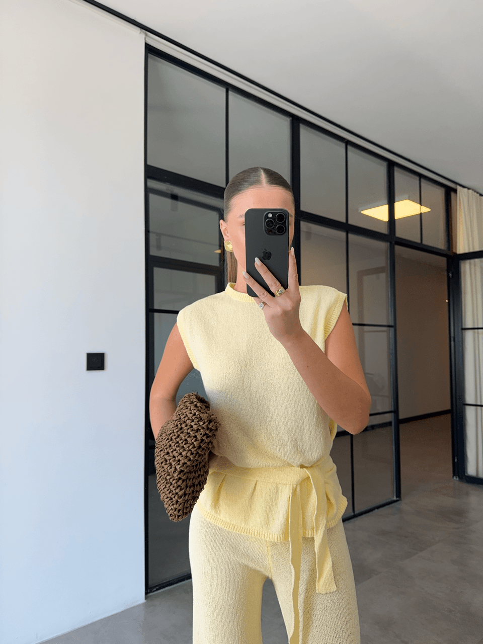 SIFIRKOL BAĞLAMALI BLUZ PANTOLON SARI İNCE TRİKO TAKIM