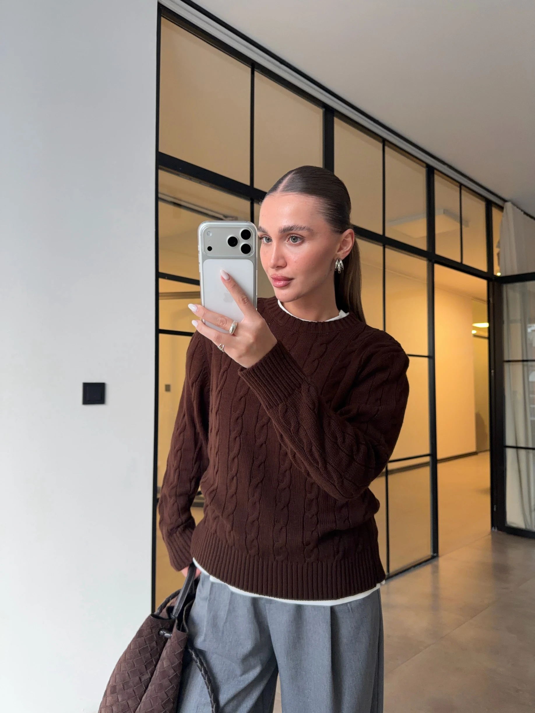 SAÇ ÖRGÜ KAHVERENGİ TRİKO KAZAK