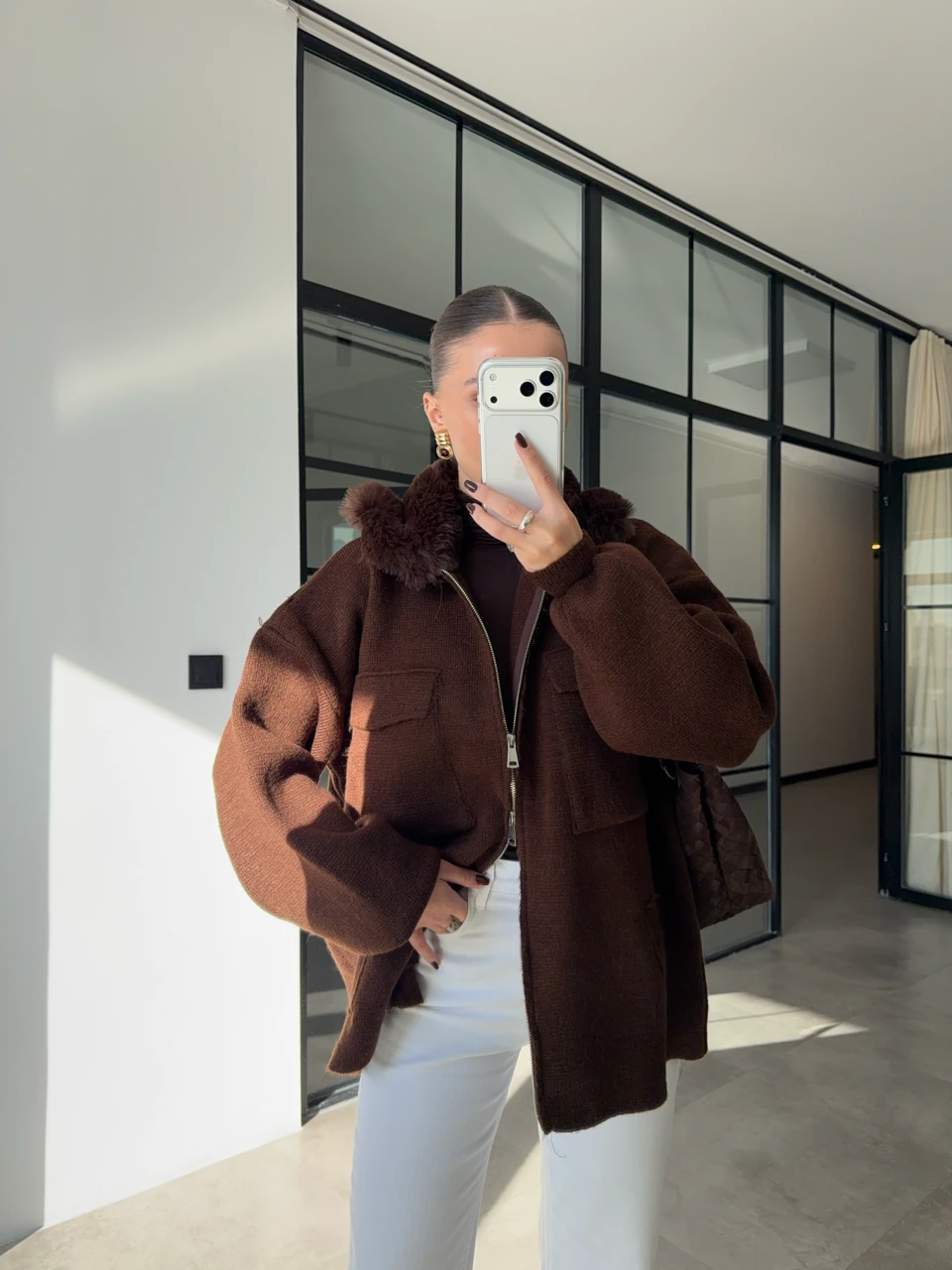 YAKASI KÜRKLÜ TRİKO CEKET - Kahverengi