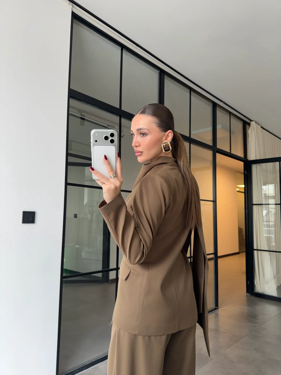 ŞAL DETAYLI CEKET PANTOLON VİZON TAKIM