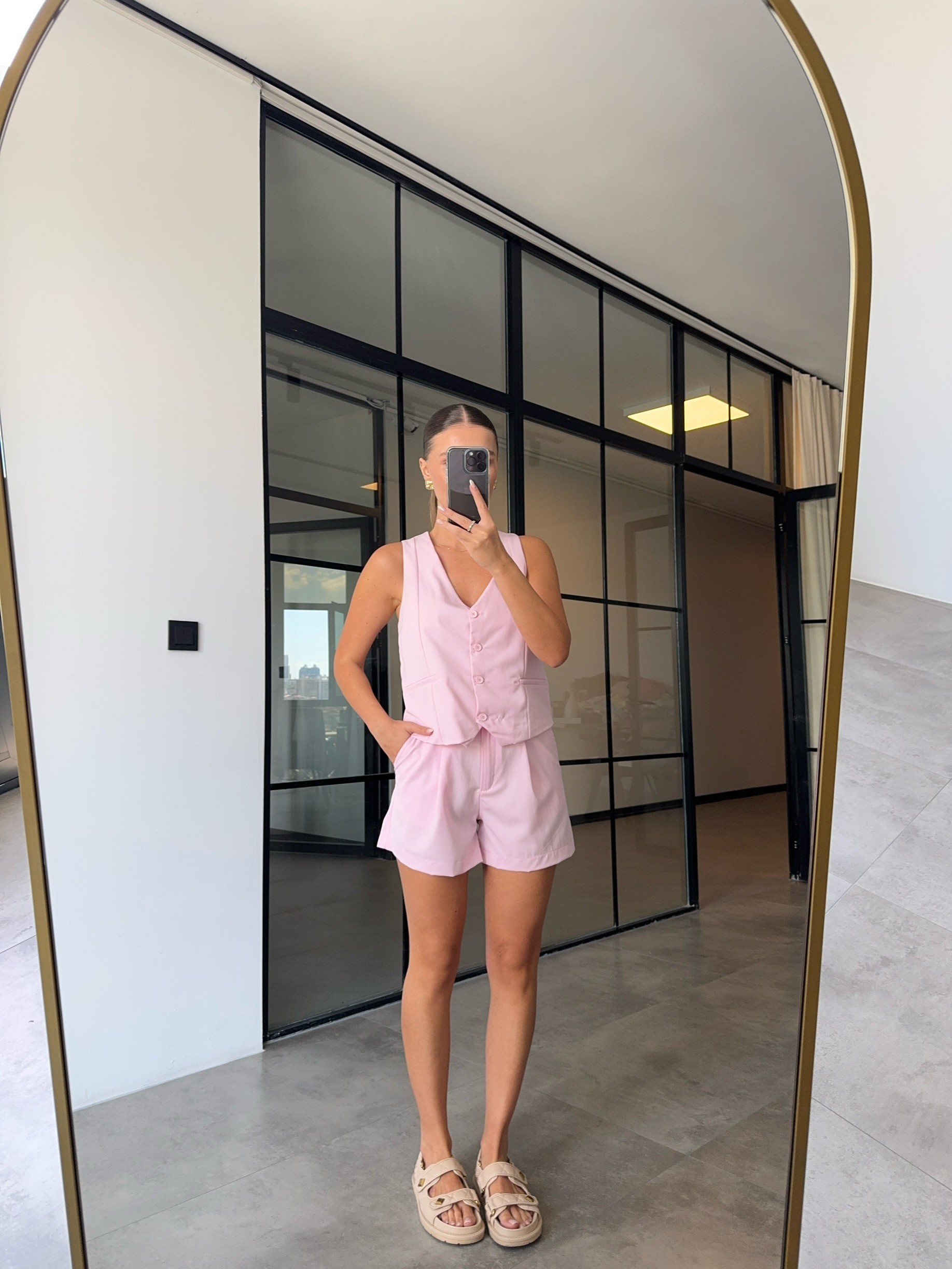 YELEK PİLELİ ŞORT PEMBE TAKIM