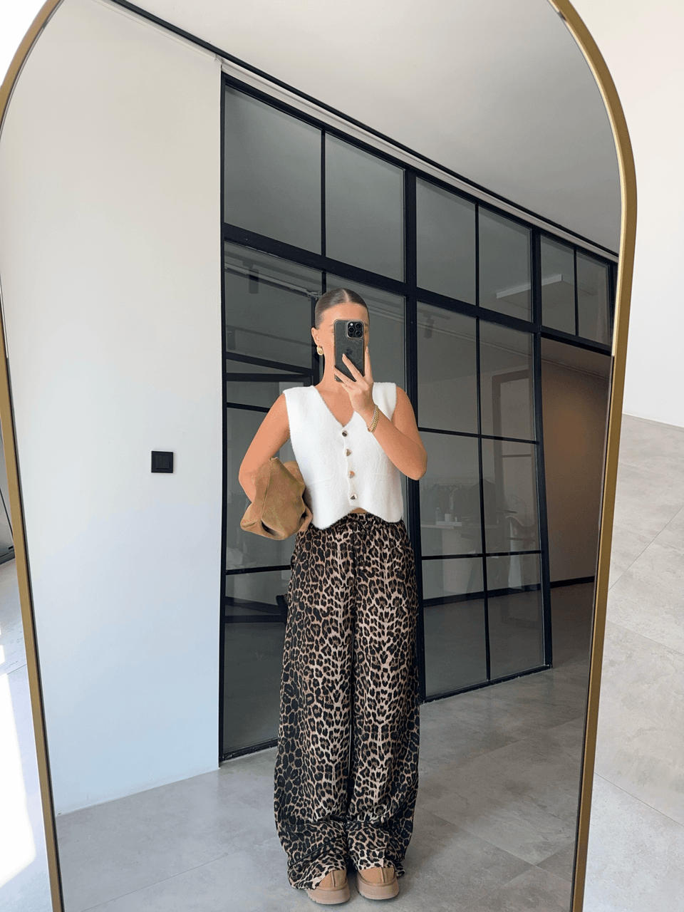 DUBLE PAÇA BELİ LASTİKLİ LEOPAR PANTOLON 