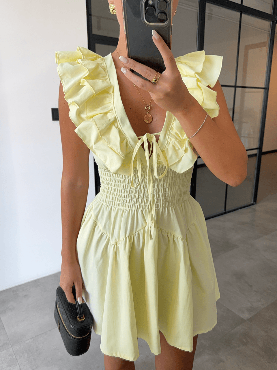 YELLOW MINI DRESS WITH FRILLED COLLAR