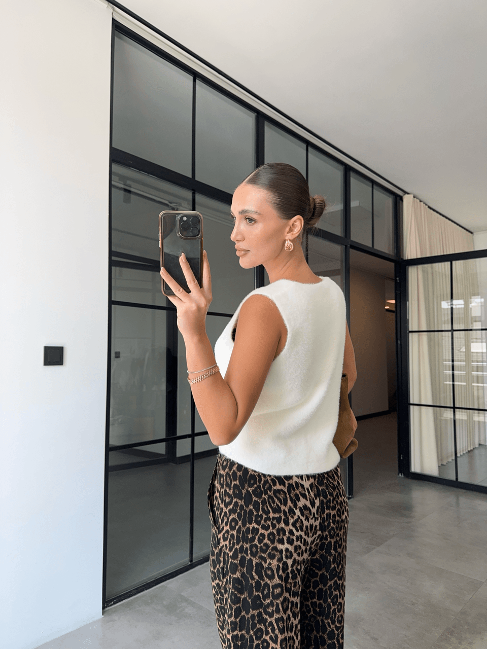 DUBLE PAÇA BELİ LASTİKLİ LEOPAR PANTOLON 