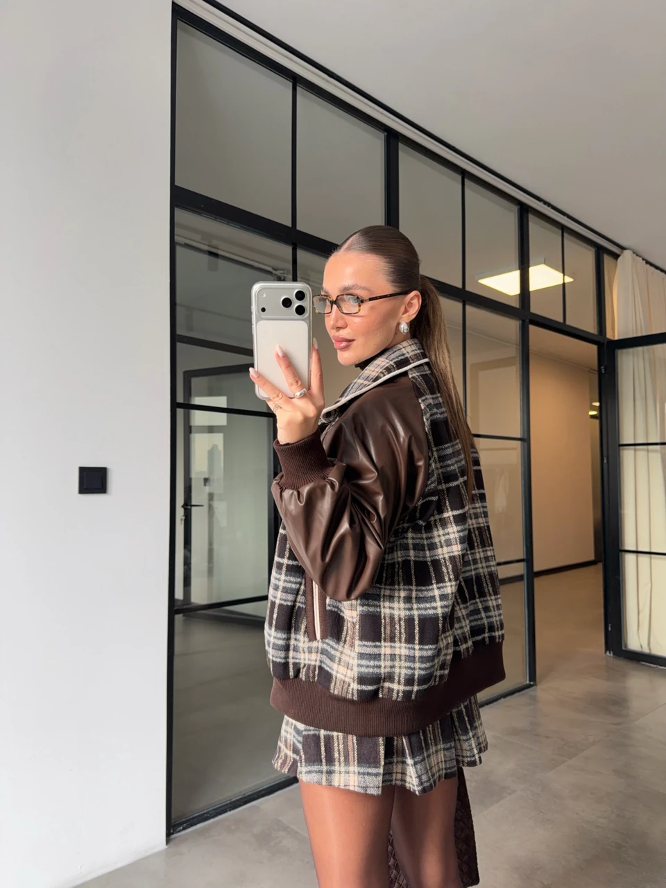 KAŞE EKOSELİ DERİ KOLLU BOMBER CEKET