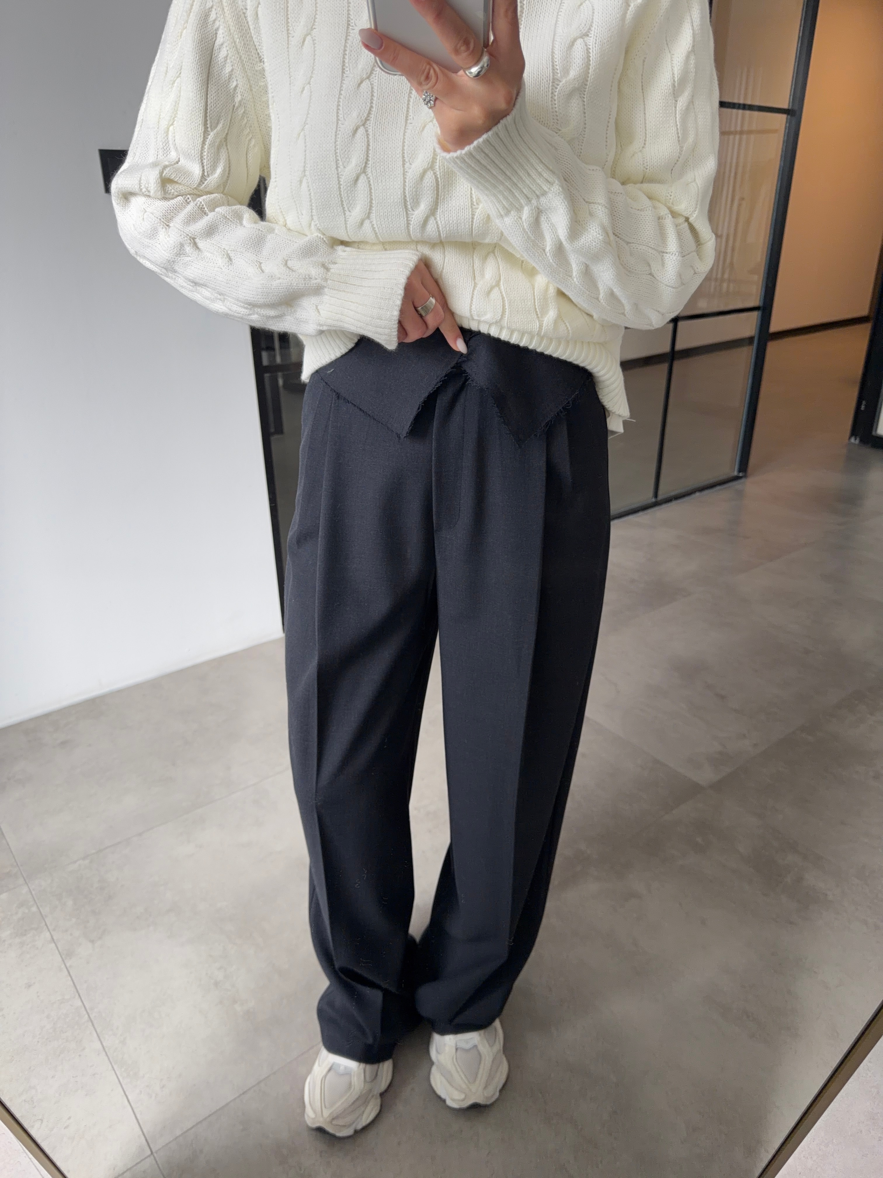 BEL DETAYLI LACİVERT PALAZZO PANTOLON