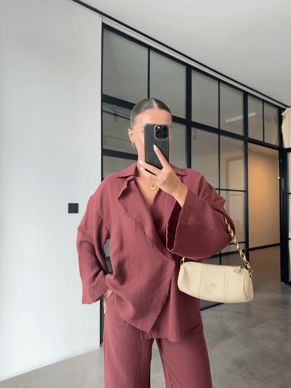 KİMONO PANTOLON BORDO MÜSLİN TAKIM