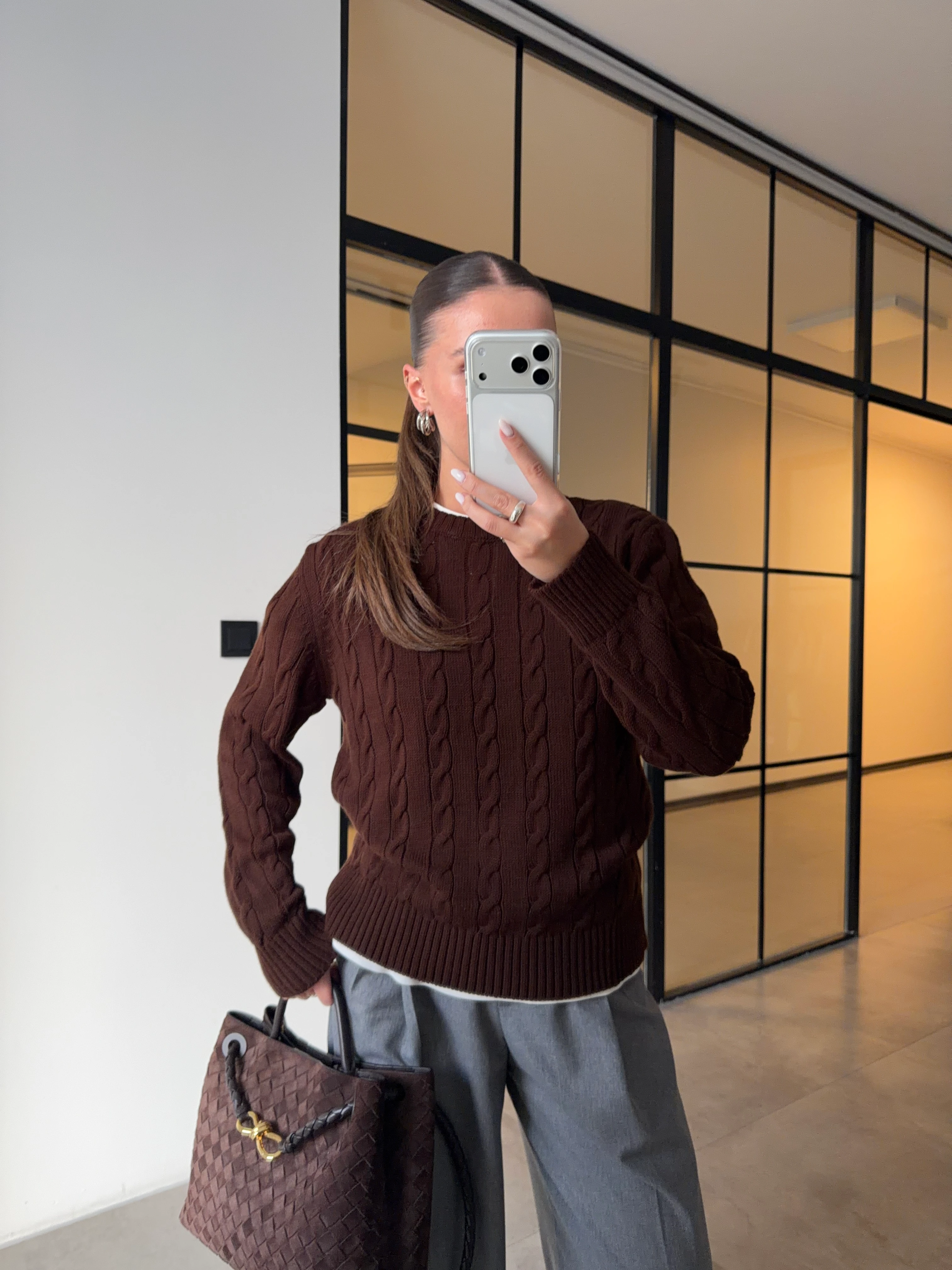 SAÇ ÖRGÜ KAHVERENGİ TRİKO KAZAK