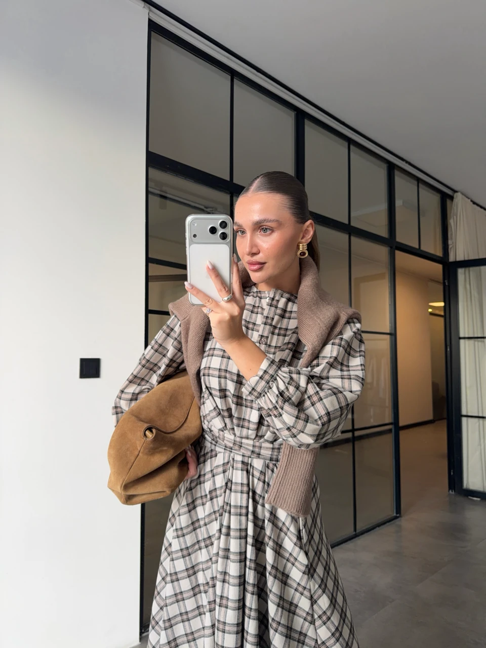 EKOSE DESENLİ DÜĞMELİ MAXİ ELBİSE - Bej