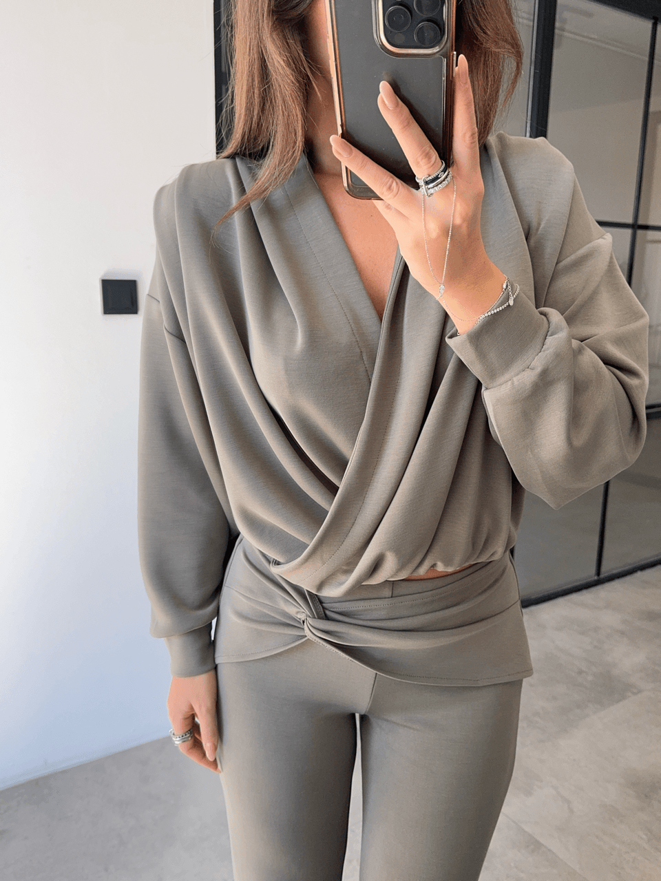 DÜĞÜMLÜ PANTOLON KRUVAZE SWEAT HAKİ MODAL TAKIM