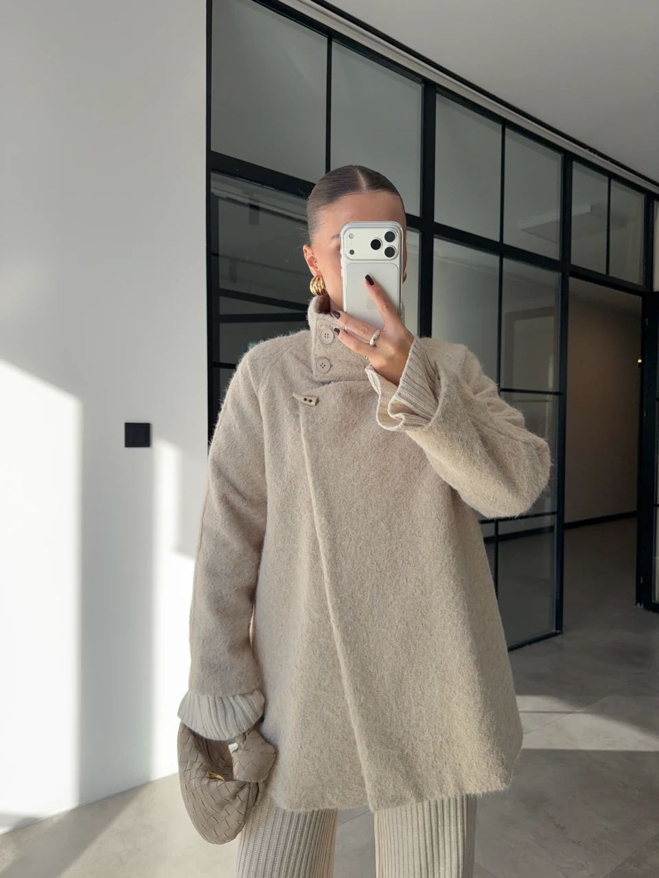 DİK YAKA KRUVAZE KABAN - Ekru