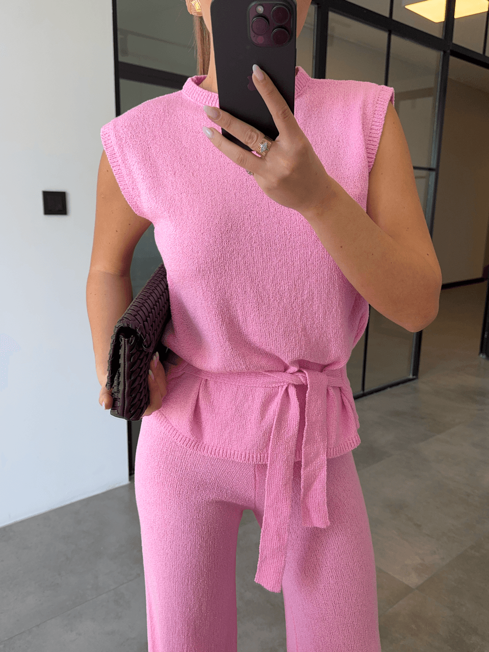SIFIRKOL BAĞLAMALI BLUZ PEMBE İNCE TRİKO TAKIM