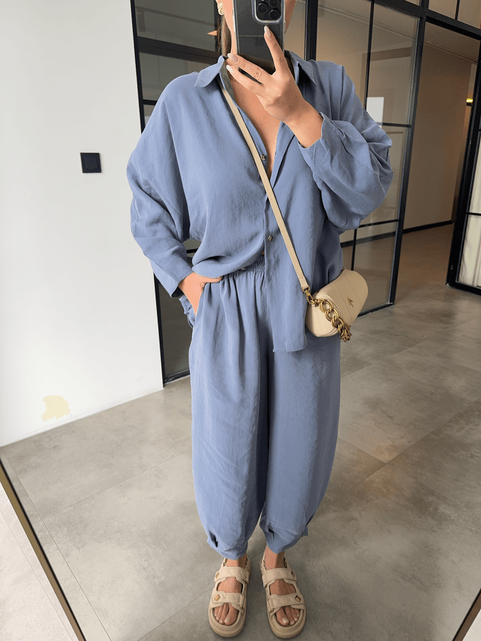 TENCEL KUMAŞ GRİ MAVİ GÖMLEK PANTOLON TAKIM