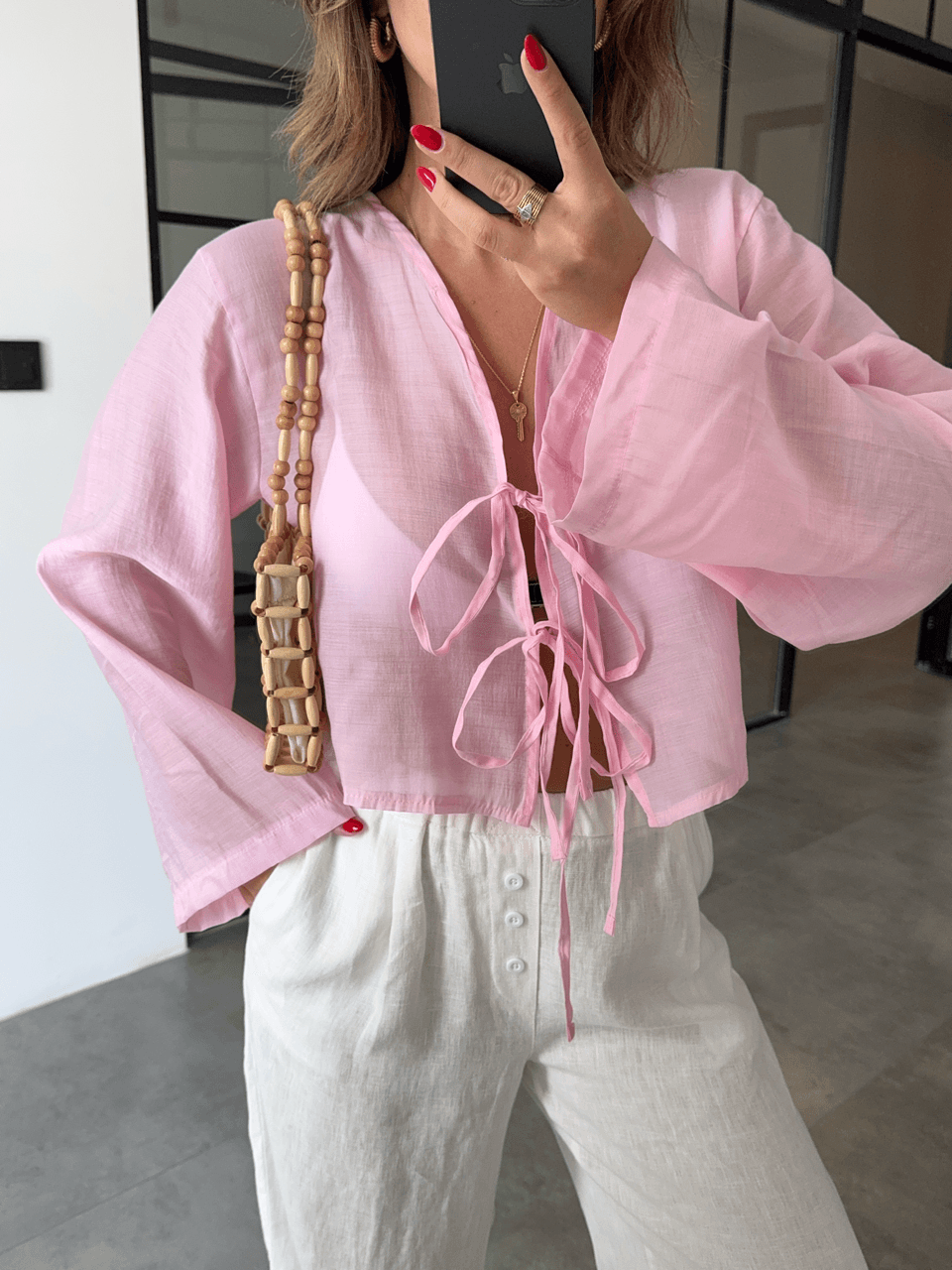 BAĞLAMALI PEMBE TRANSPARAN BLUZ