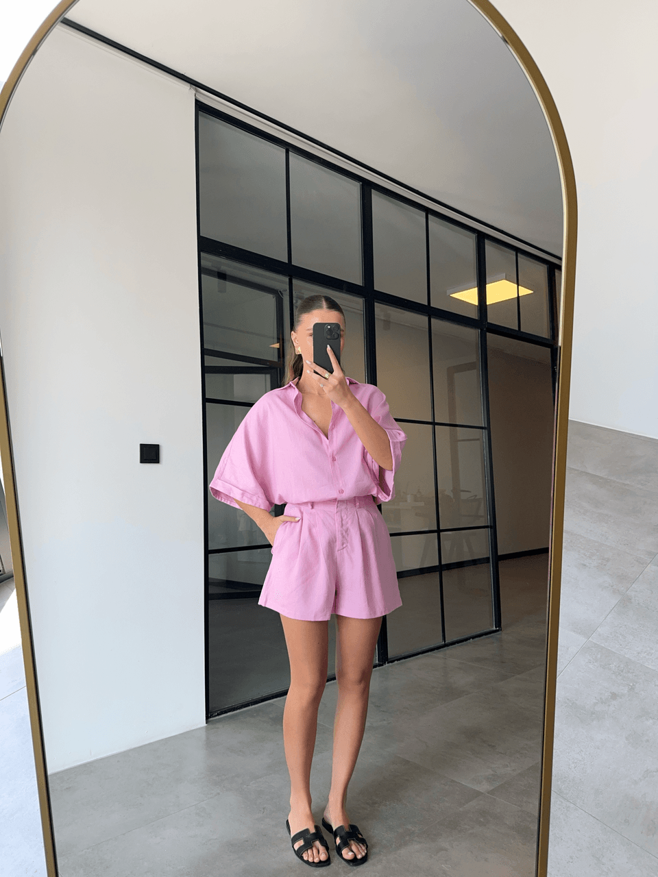 SHORT SLEEVE SHIRT SHORT PINK LINEN SUIT
