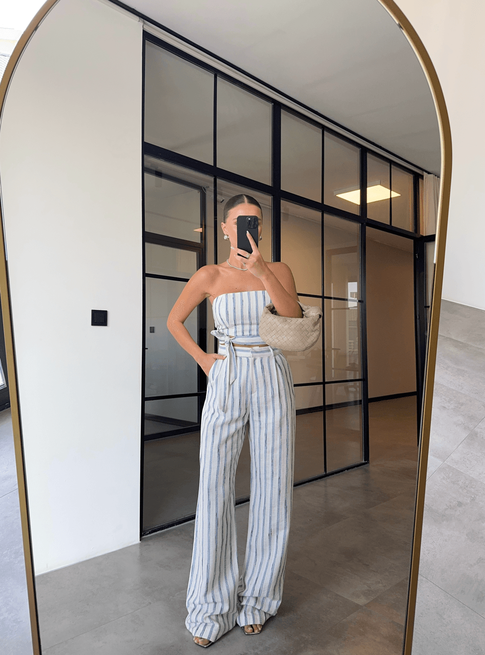 MAVİ DOKULU ÇİZGİLİ STRAPLEZ BLUZ PALAZZO TAKIM