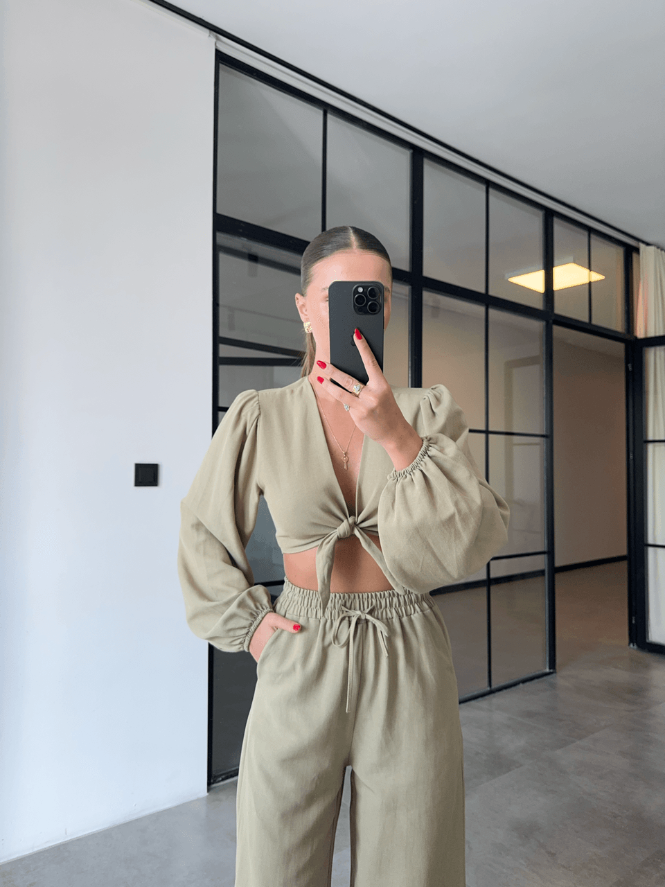 BAĞLAMALI CROP BLUZ PANTOLON HAKİ KETEN TAKIM