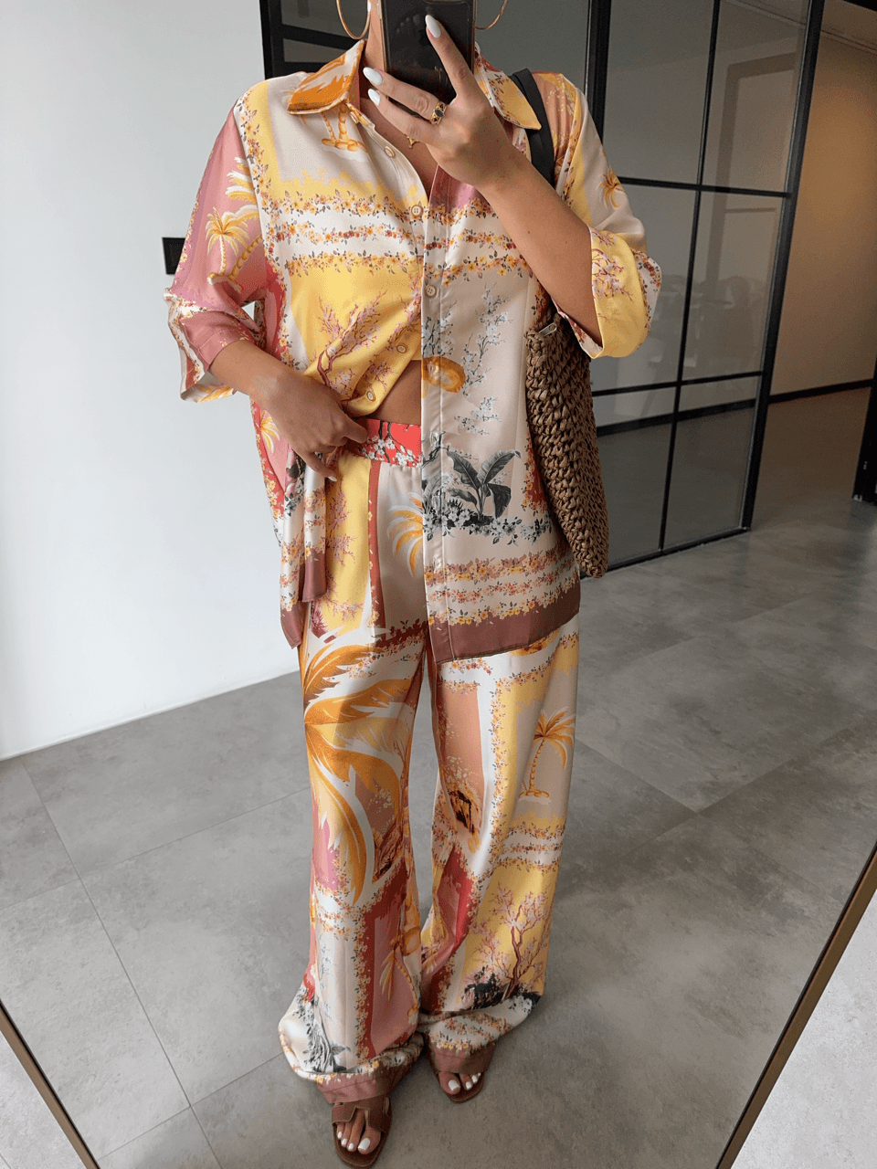 PATTERNED SHINY SATIN SHIRT AND TROUSER SET