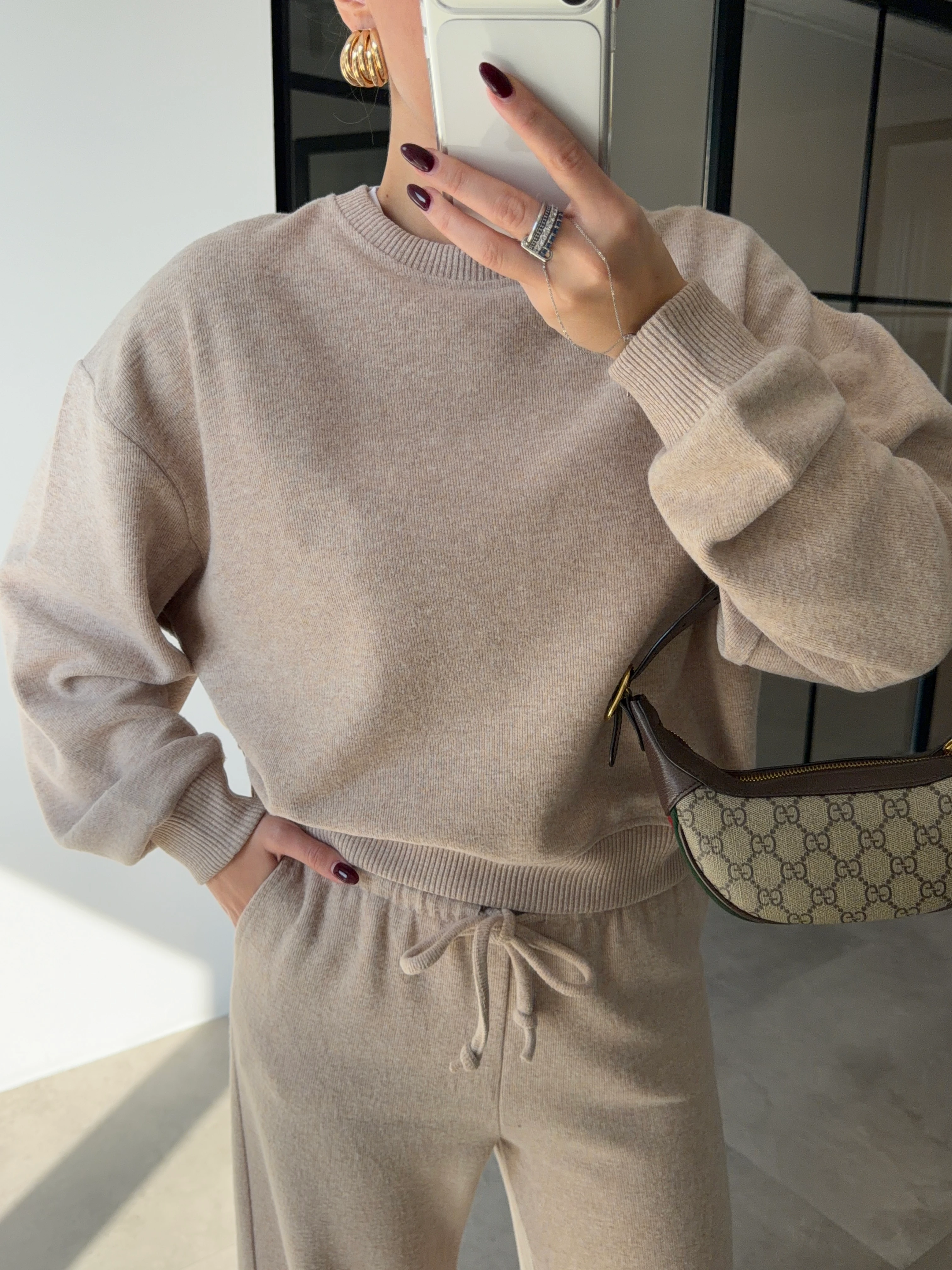 BİSİKLET YAKA BEJ SELANİK KUMAŞ TAKIM