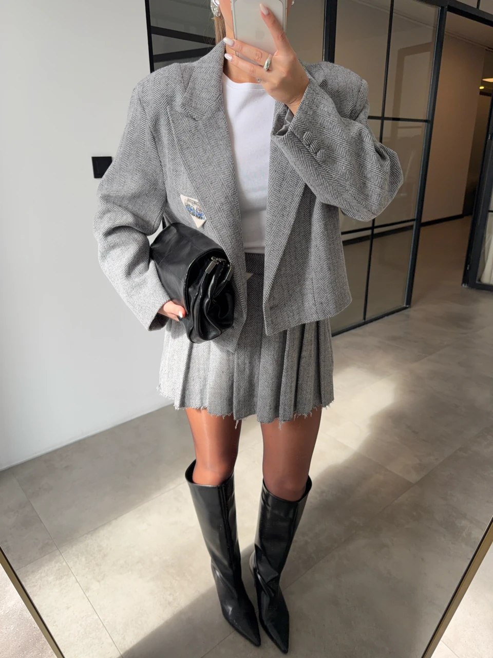 ARKASI TRİKO DETAYLI GRİ KIRÇILLI KAŞE CEKET