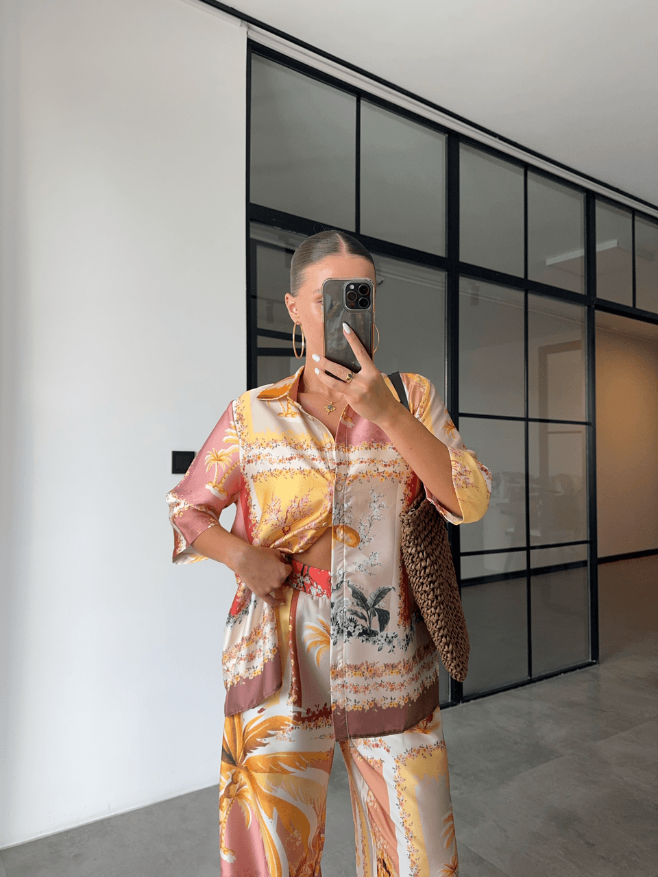PATTERNED SHINY SATIN SHIRT AND TROUSER SET