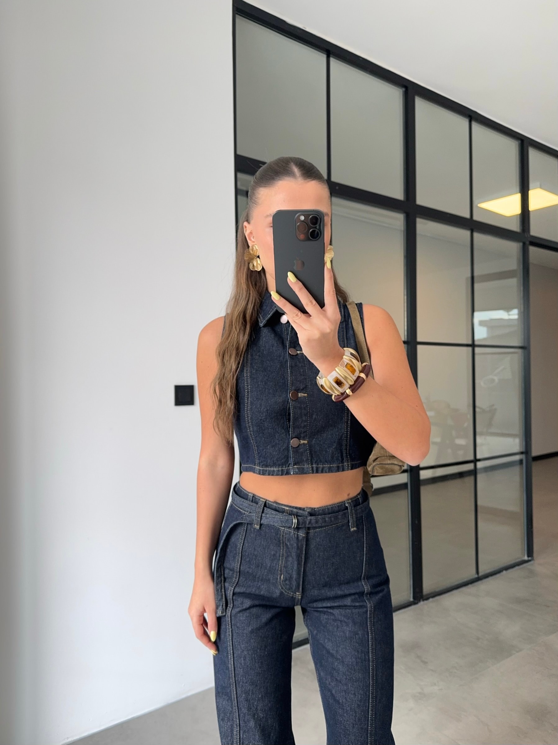 CROP YELEK KEMERLİ PANTOLON DENİM TAKIM