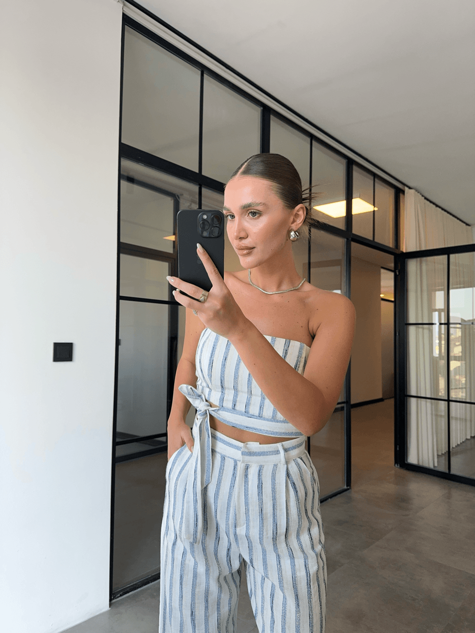 MAVİ DOKULU ÇİZGİLİ STRAPLEZ BLUZ PALAZZO TAKIM